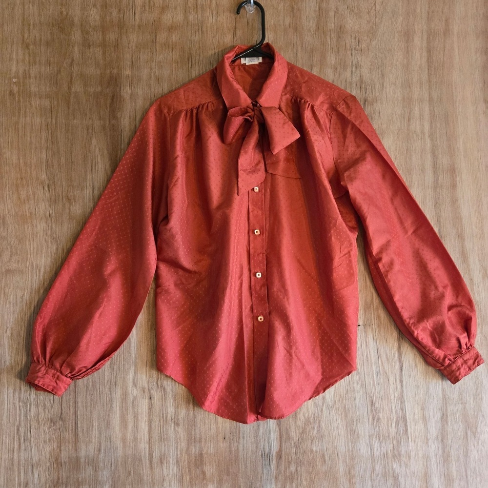 Vintage 70s Nordstrom Vol De Nuit Pssy Bow Blouse 15/16 Orange Terracotta USA